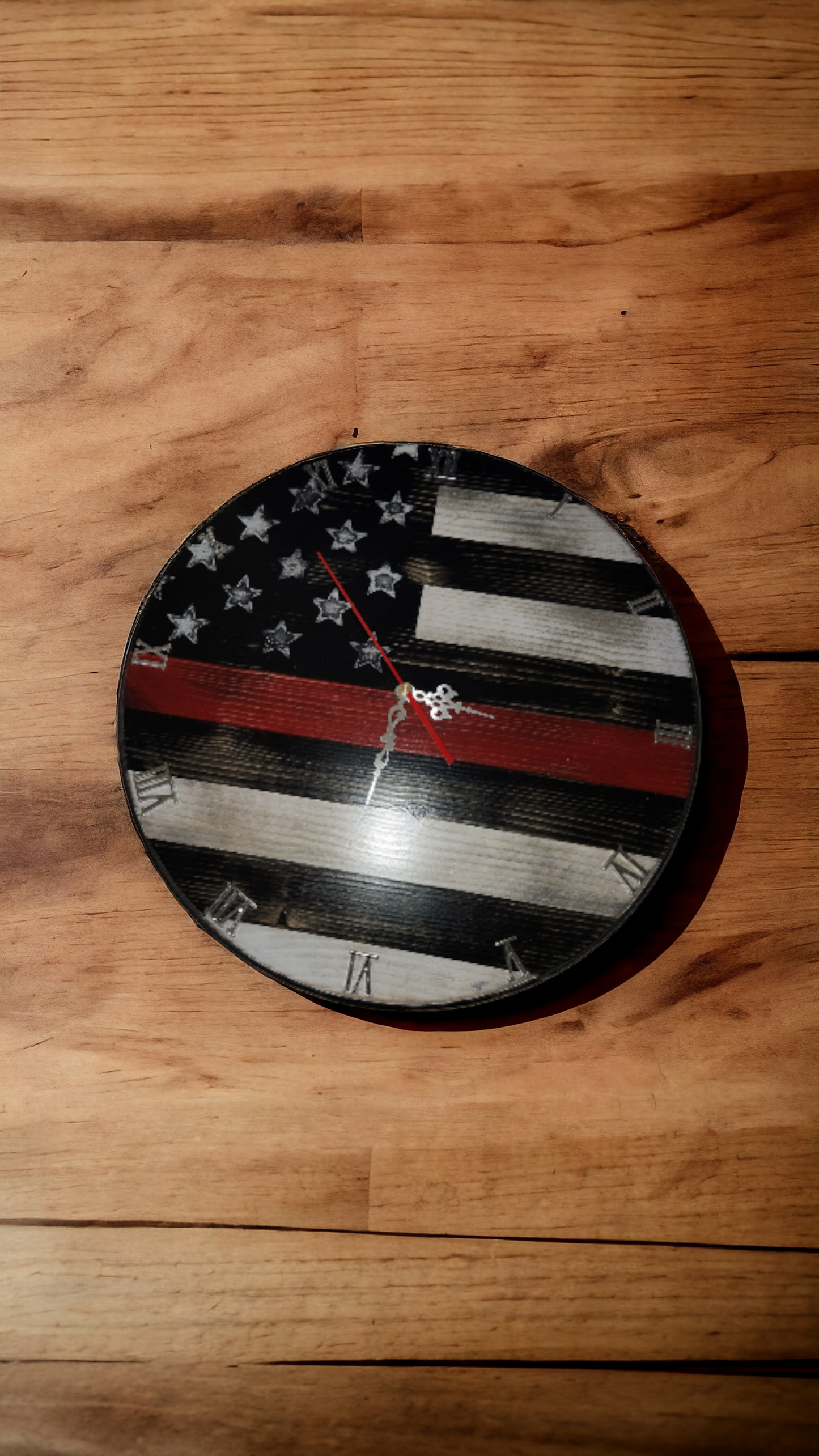 American Flag with Red Thin Line Solid Wood Clock