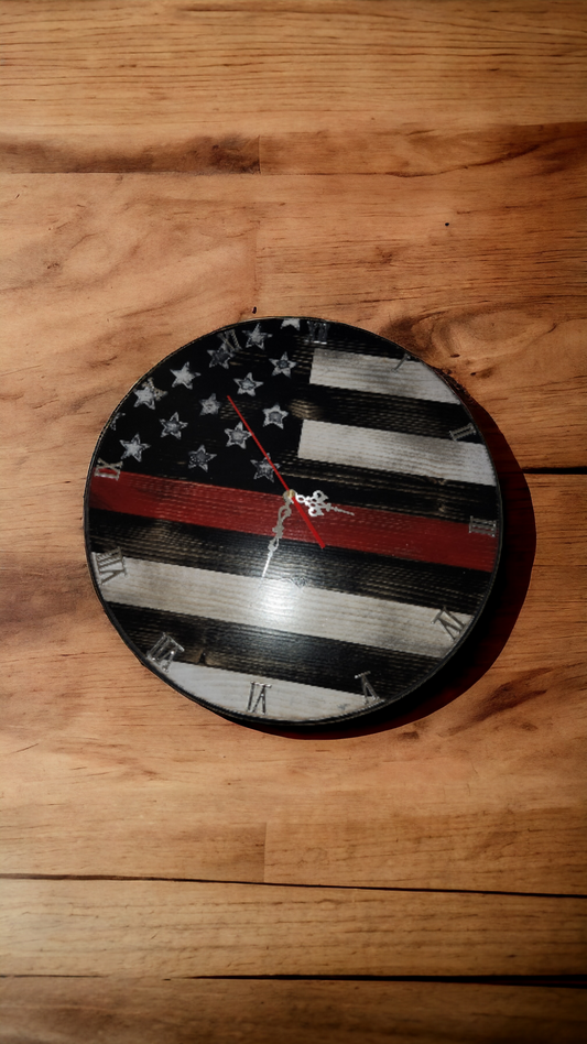 American Flag with Red Thin Line Wooden Clock