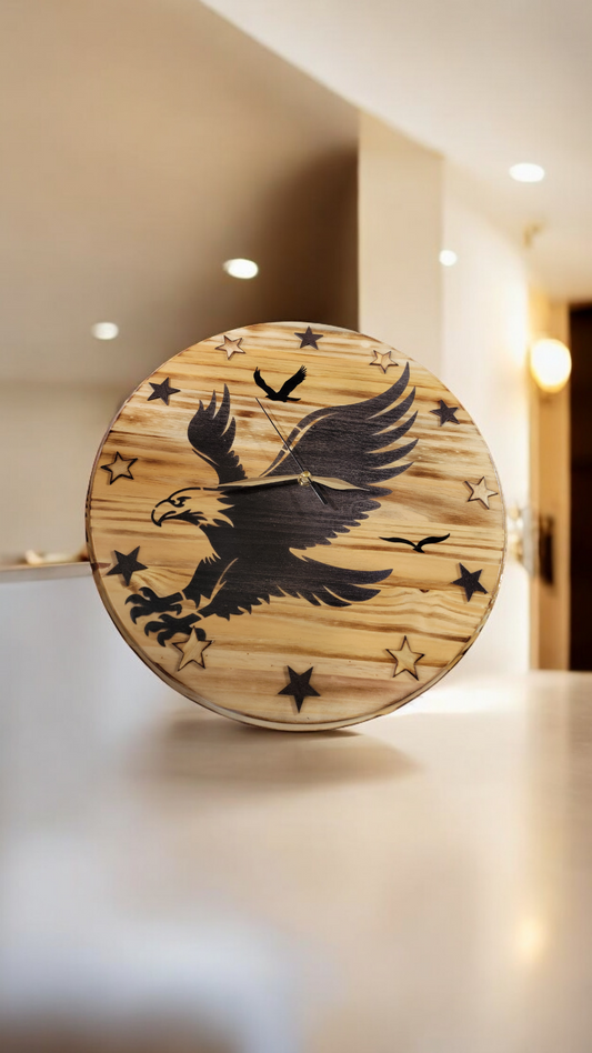 Bald Eagle & Stars Solid Pine Wood Clock 15"