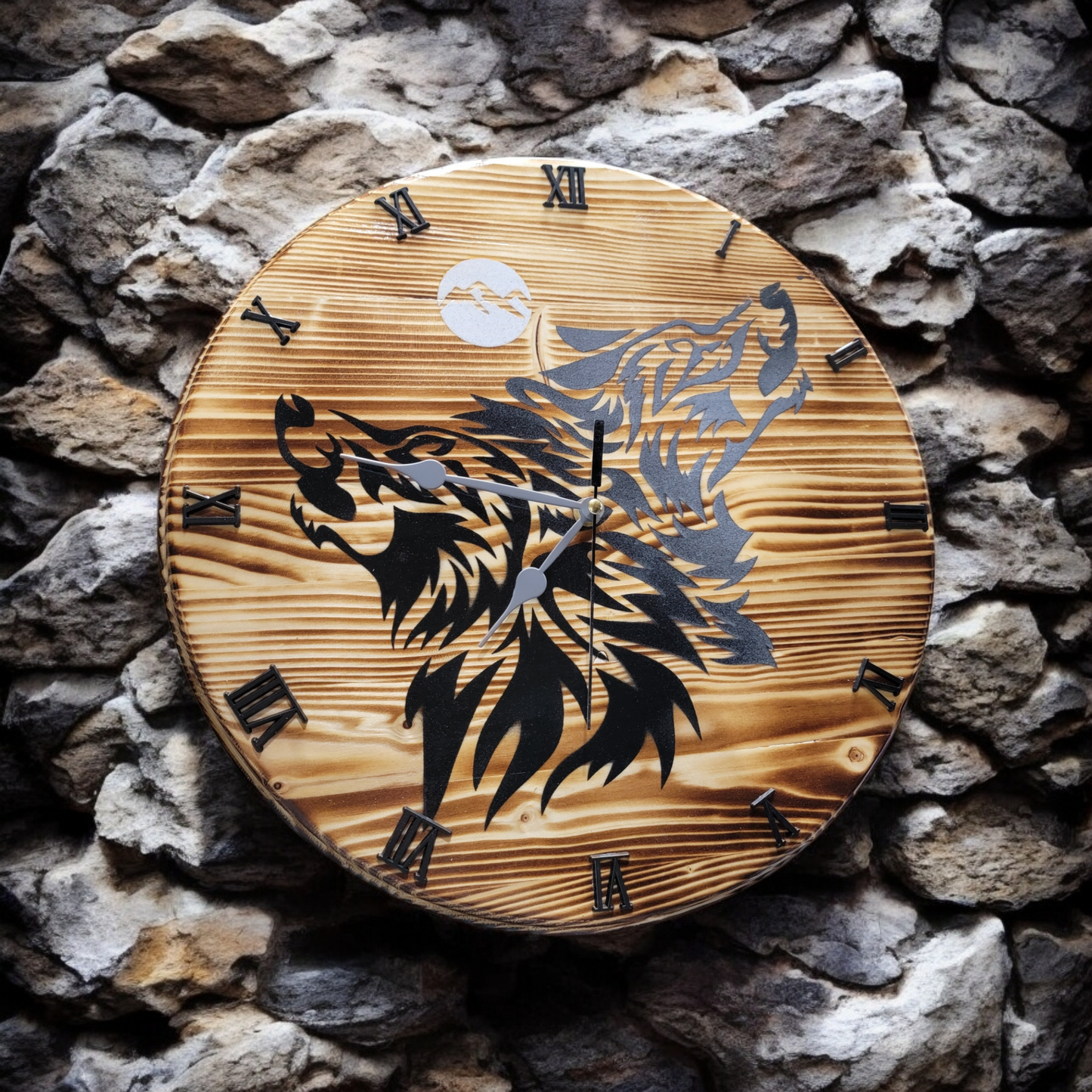 Two Wolves Solid Wood Clock